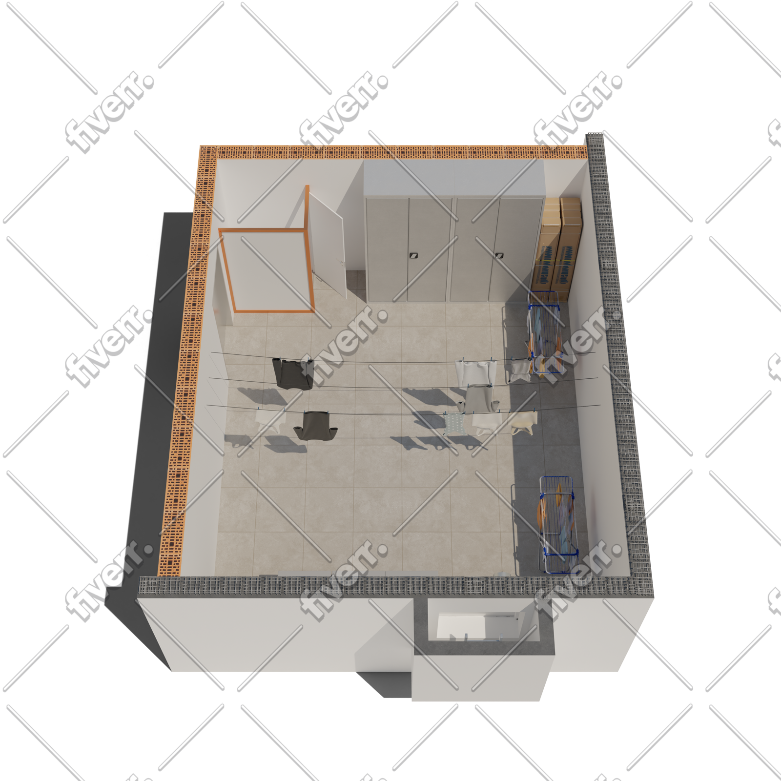 3D-Darstellung eines Schutzraum-Layouts (Alternativansicht)